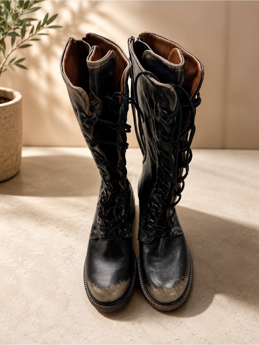 A.S 98 Italian Black Leather Lace-Up Knee-High Boots Size 5